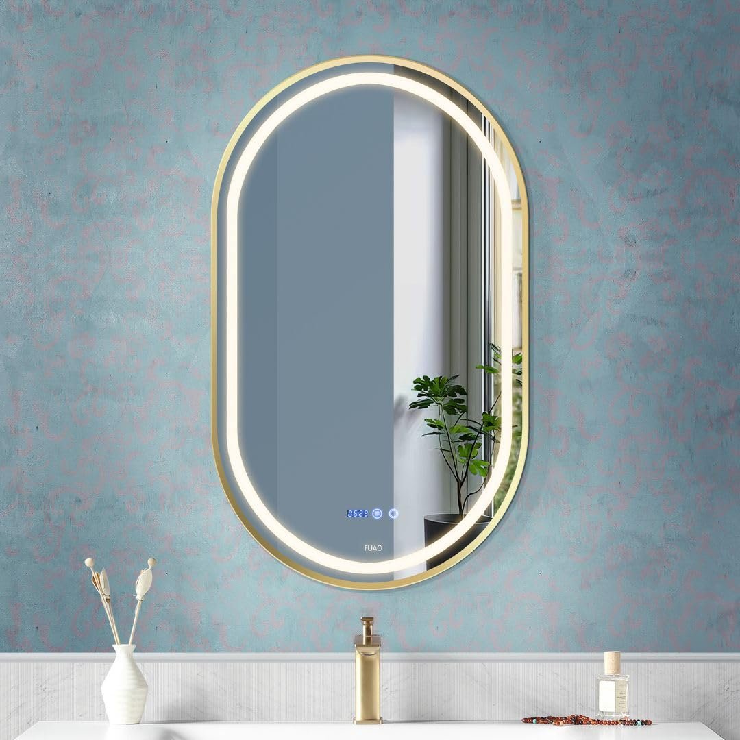  FUAO Premium Oval LED Bathroom Mirror 450x600 mm, Aluminum Frame | 3-Color Light, Long-Press Dimmable, Anti-Fog, Time & Temp Display (Brushed Gold,...